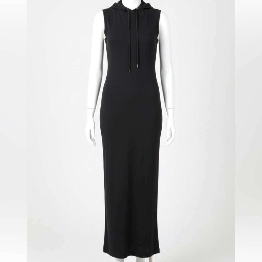 Avant Garde Black Ribbed Hooded Sleeveless Dress With Fishtail Hem
